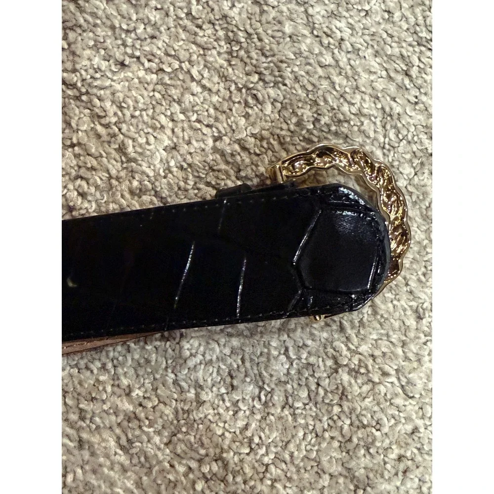 & Other Stories Black Croc Embossed Patent Leather Wide Belt Buckle XS Italy‎